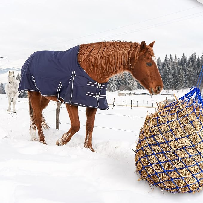 Fabbay 4 Pcs Slow Feed Hay Net Feeder Hay Bag for Horses Slow Feeder 40 Inch Length with 2 Inch Holes Hanging Horse Feed Net for Goat Cattle Equine Stalls Barn Supplies(Blue)-PurrikoPets