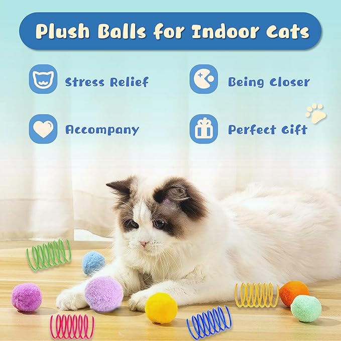 30 Pcs Premium Silent Cat Pom Pom Balls, Interactive Lightweight Assorted Colors Fuzzy Toy Balls (1.2 inches), with 4 Pcs Cat Spring Toy for Indoor Kitten Playing Exercising-PurrikoPets