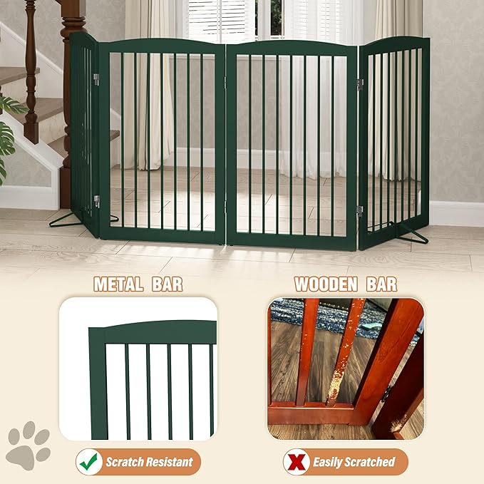 Freestanding Pet Gate for Dogs, Indoor Wooden Dog Gate for House, Foldable Dog Gate for Doorway, Stair, Step Over Pet Puppy Safety Fence Tall, 80 Inch Wide, 4 Panels 32", Green-PurrikoPets
