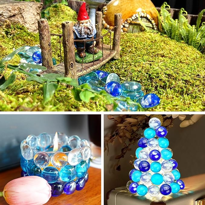 1LB Blue Mix Flat Glass Marbles for Vases, Mancala Stones Gemstone Beads Vase Filler Decorative Glass Pebbles for Fish Tank, DIY Crafts, Aquarium Decor Rocks-PurrikoPets