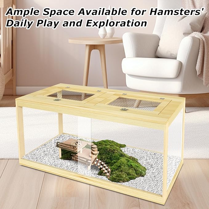 32" Hamster Habitat Enclosure, Lockable Sliding Door Gerbil Cage, Dwarf Hamster Cage with Metal Mesh Roof, Chewproof Syrian Hamster Cage for Mice, Small Animal, (Wooden, 32" L x 16" W x 16" H)-PurrikoPets
