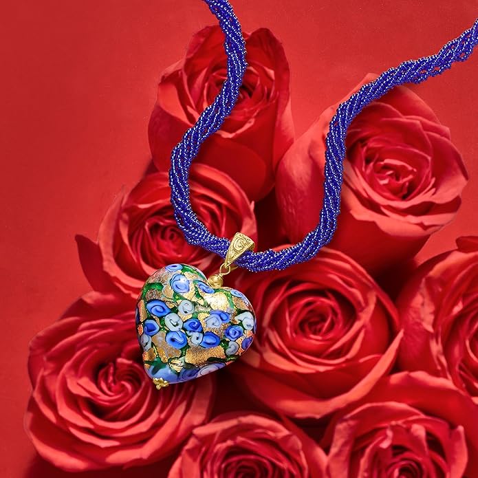 Ross-Simons Italian Multicolored Murano Heart Pendant Necklace in 18kt Gold Over Sterling