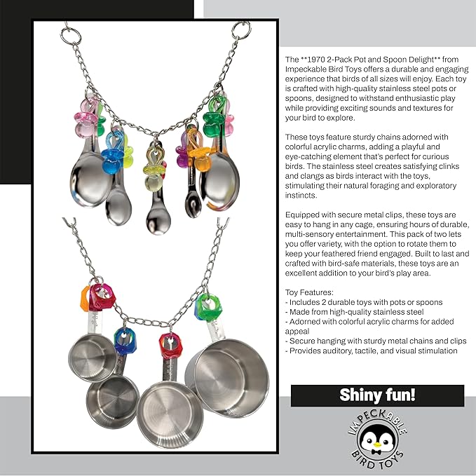 1970 Pk2 Pot and Spoon Delight Features Shiny pots and Spoons with Acrylic Rings and Pacifiers, Handcrafted for African Greys Amazons Macaws-PurrikoPets