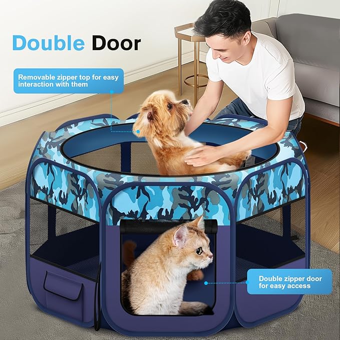 Dog Playpen, Pet Playpen, Portable Cat Playpen, Pop Up Foldable Puppy Playpen Exercise Kennel Tent with Carry Case Collapsible Bowl,Water-Resistant Shade Cover for Outdoor Indoor Travel (Large)-PurrikoPets
