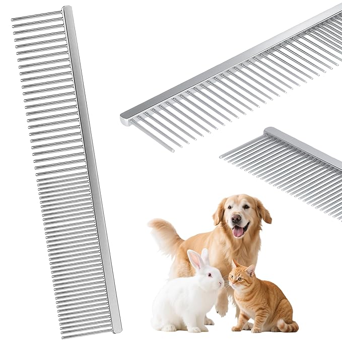 7.5 Inch Professional Stainless Steel Pet Grooming Comb for Dogs & Cats, Wide & Dense Teeth for Removing Tangles, Knots,Undercoat,Flea,Excess Hair, Rounded Corners Design for Safe,Metal Dematting Tool-PurrikoPets