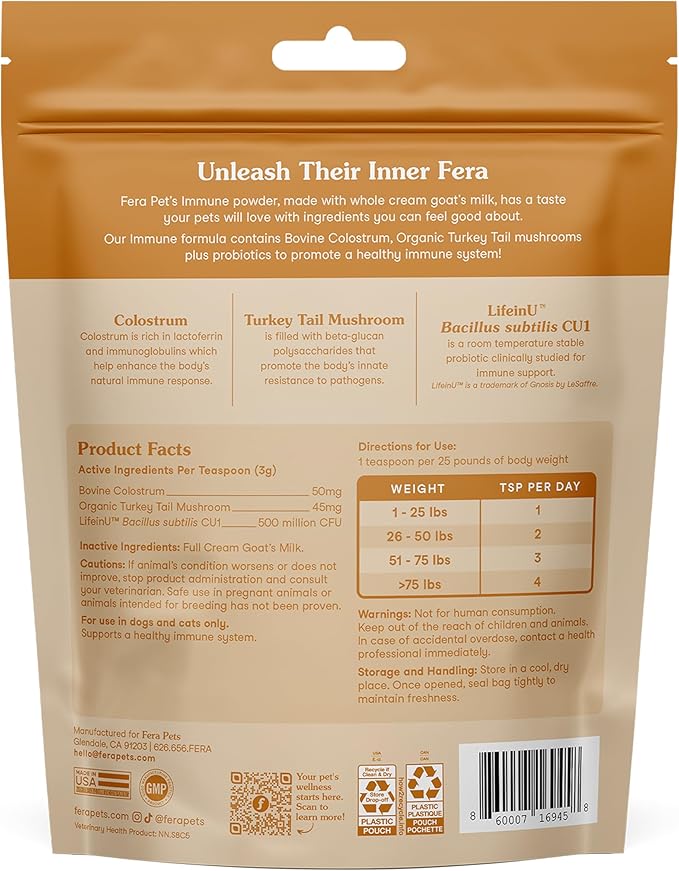 Fera Pets Immune Goat Milk for Dogs & Cats with Colostrum, Organic Turkey Tail Mushroom, & Probiotics - Improves Immune Response - for Picky Eaters - Powder - 60 TSP-PurrikoPets