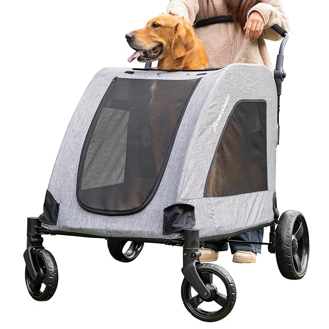 EchoSmile XL Extra Large Dog Stroller - Adjustable Handles,Lightweight Folding Pet Stroller,All-Terrain 4 Wheel for 2 Medium Dogs,Dual Entry Safety Dog Stroller,Capacity 160 lbs,Gray-PurrikoPets