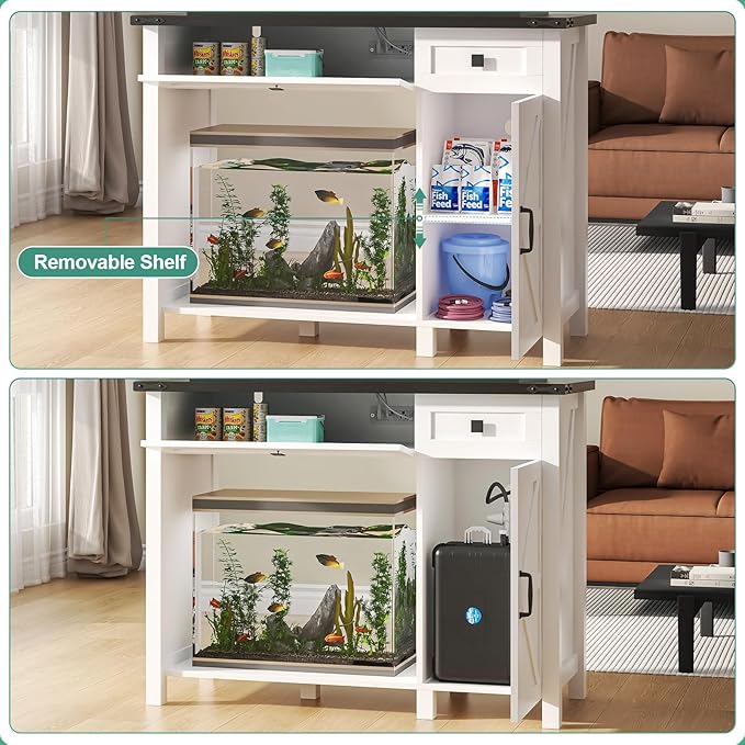 40 Gallon Aquarium Stand With Charging Station, Farmhouse Fish Tank Stand, Reptile Tank Stand Terrarium Stand with Drawer and Cabinet Storage, Sturdy Heavy Duty 41.9"×18.3" Tabletop - White-PurrikoPets