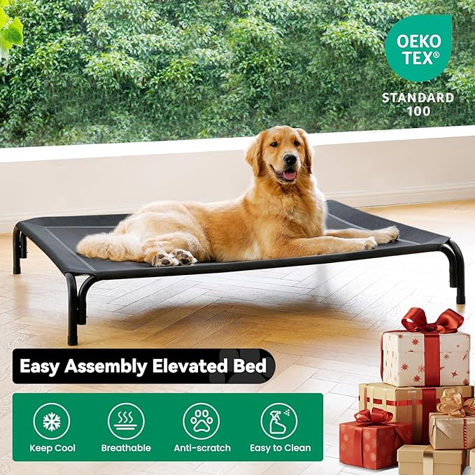Elevated Dog Bed Raised Outdoor Dog Cot for Extra Large Dogs, Installation Requires No Tools, Frame with Washable Cooling Breathable Mesh Anti-Slip Feet, Indoor Pet Bed, Black, 48.8 Inches-PurrikoPets