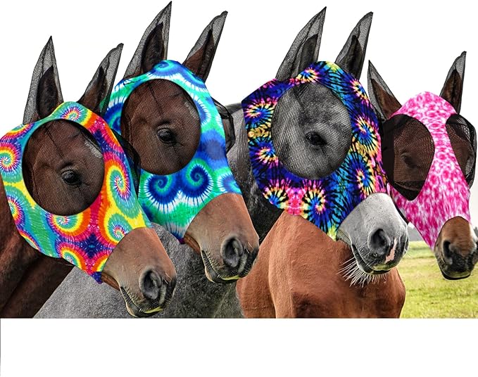 Frienda 4 Pieces Horse Fly Masks with Ears Face Covering UV Protection from Insect Pests Elasticity Smooth Comfortable Mesh Horse Mask Accessories(Tie-dye,Medium)-PurrikoPets