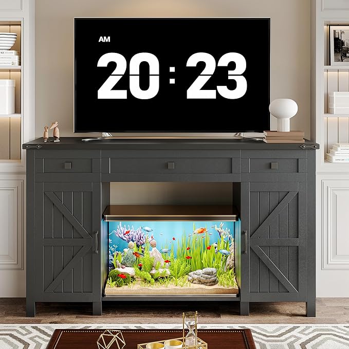 55-75 Gallon Aquarium Stand With Charging Station, Farmhouse Fish Tank Stand, Reptile Tank Stand Terrarium Stand with Drawer and Cabinet Storage, Sturdy Heavy Duty 53.5"×19.7" Tabletop - Black-PurrikoPets