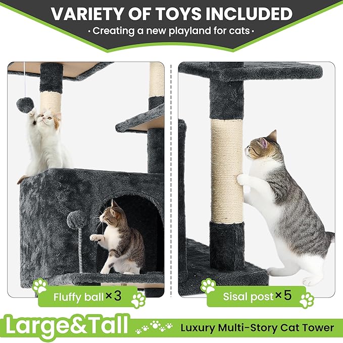 69in Large Cat Tree Tower for Indoor Cats with Soft Plush Hang Ball, Two Condos, Sisal Scratch Posts & Rope Play for Kittens/Adult Cats, Deep Grey-PurrikoPets