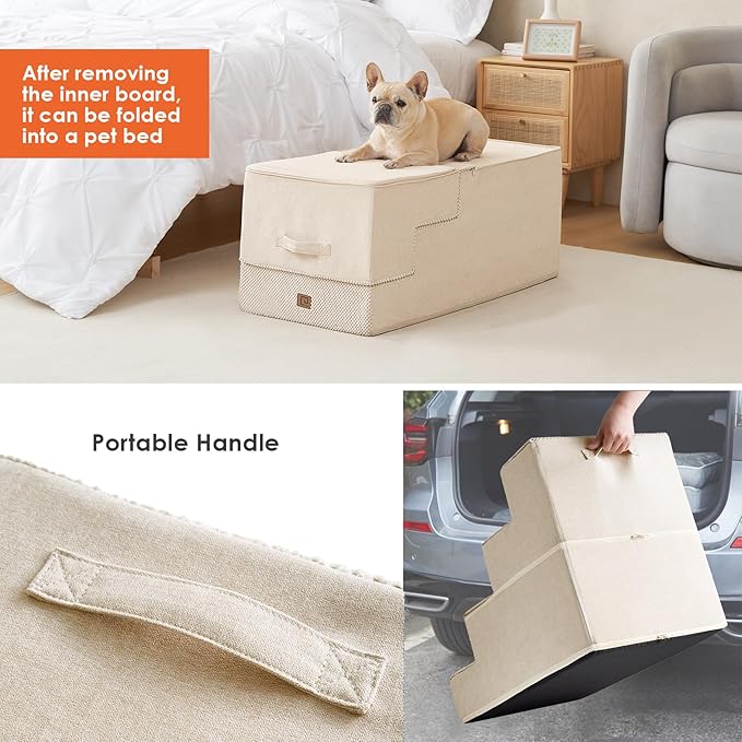 EHEYCIGA Dog Stairs for High Bed 25" H, 5-Step Extra Wide Dog Steps for Bed, Pet Steps for Small Dogs and Cats, Non-Slip Balanced Pet Ramp Indoor, Beige-PurrikoPets