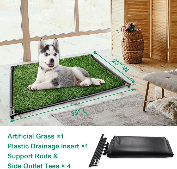 Dog Grass Pad with Tray, 35" X 23" Large Indoor/Outdoor Potty Training Pad, Durable Leak-Proof Tray and Reusable Puppy Grass Pads, Easy Clean Portable Pet Relief System for Small to Medium Dogs-PurrikoPets