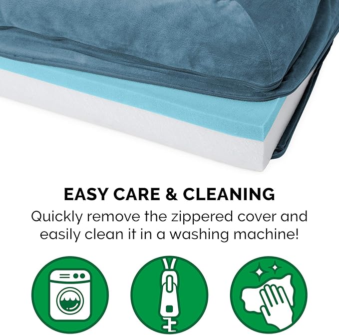 Furhaven Cooling Gel Dog Bed for Medium/Small Dogs w/ Removable Bolsters & Washable Cover, For Dogs Up to 35 lbs - Faux Fur & Velvet Sofa - Harbor Blue, Medium-PurrikoPets