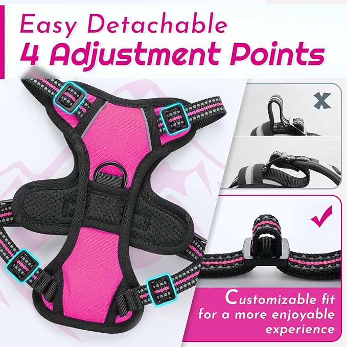 Eagloo Small Dog Harness No Pull, Service Vest with Reflective Strips and Control Handle, Adjustable and Comfortable for Easy Walking, No Choke Pet Harness with 2 Metal Rings, Rose Red, XS-PurrikoPets