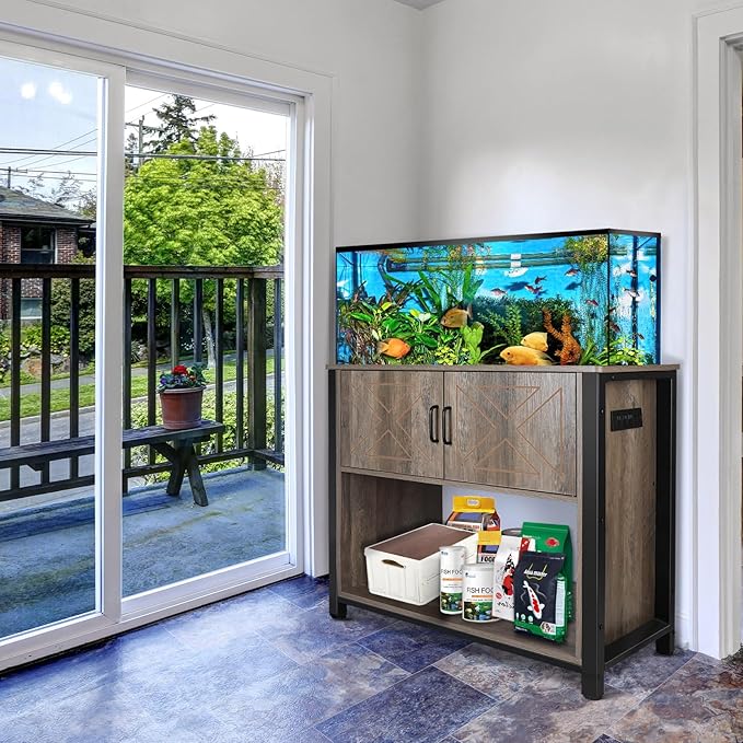 40 Gallon Aquarium Stand with Cabinet & Power Outlets, Heavy Duty Metal Stand for 40-50 Gallon Breeder & Turtle Tanks, Double Terrarium Stand, 660LBS Capacity, Grey-PurrikoPets