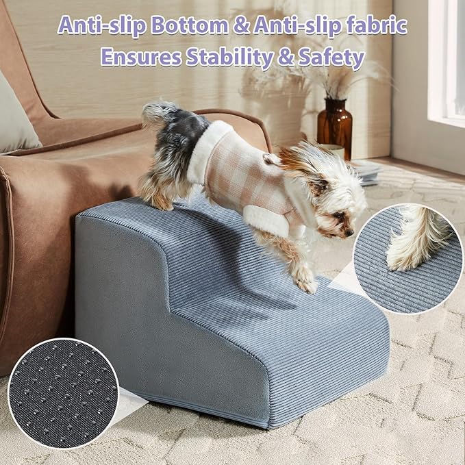 Dog Stairs for Small Dogs, 2-Steps Dog Ramp for Couch, Pet Stairs with Highly Supportive Foam and Non-Slip Bottom, Pet Steps for Cat & Doggie (High 11.8 Inch)-PurrikoPets