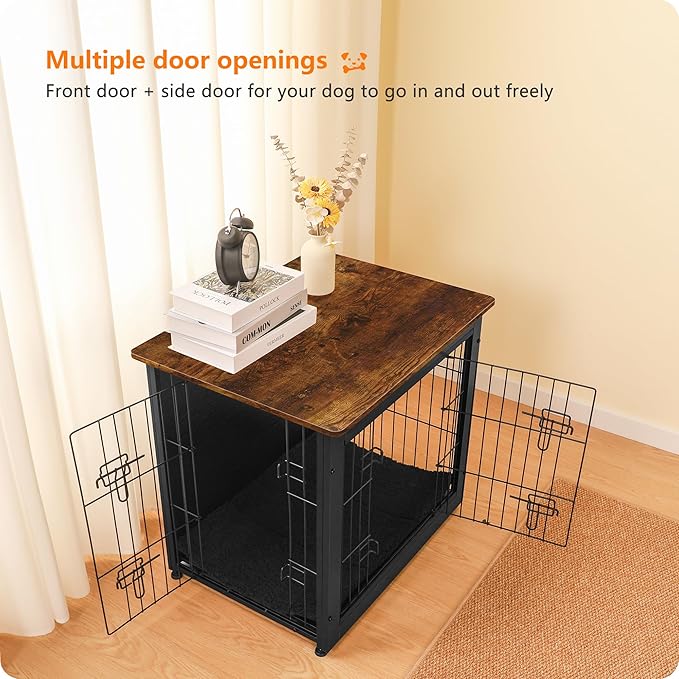 DWANTON Dog Crate Furniture with Cushion, Wooden Kennel Table with Double Doors, Indoor Dog House, Small/Medium/Large Size, 27.2" L, Black+Rustic Brown-PurrikoPets