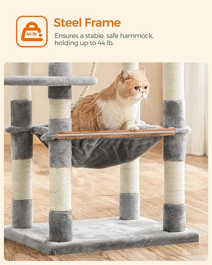FEANDREA Cat Tree, Cat Tower for Indoor Cats, 56.3-Inch Cat Condo with Scratching Posts, Hammock, Plush Perch, Light Gray UPCT15W-PurrikoPets