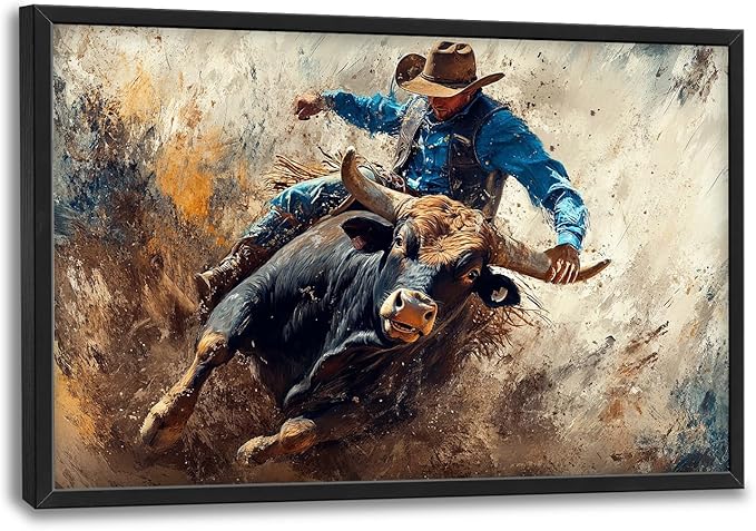 Framed Large Western Cowboy Wall Art, Oversized Rustic Cow Wall Decor for Living Room, Dusty Canvas Painting Pictures Vintage Artwork Home Decoration for Living Room Bedroom Office 36"x24"-PurrikoPets