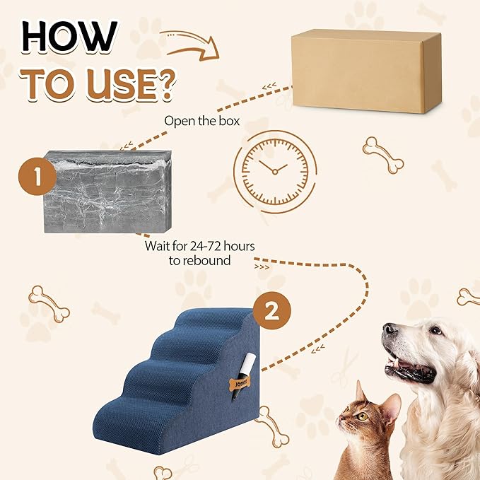 Dog Stairs, Romrol Dog Steps Ramp for High Bed and Couch, Dogs Ramp with Durable Non-Slip Waterproof Fabric Cover, Pet Stairs for Small Dogs and Cats or Pets Joints, 4-TiersDusty Blue-PurrikoPets