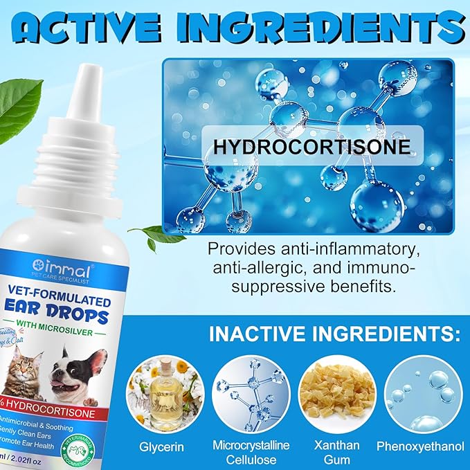 Ear Infection Treatment Drops for Dogs and Cats, Pets Ear Cleaning Solution Drops with 1% Hydrocortisone Soothing Dog Yeast Infection, Itchy Ear Relief, Pet Ear Care Supplies for Dogs & Cats - 2 fl oz-PurrikoPets