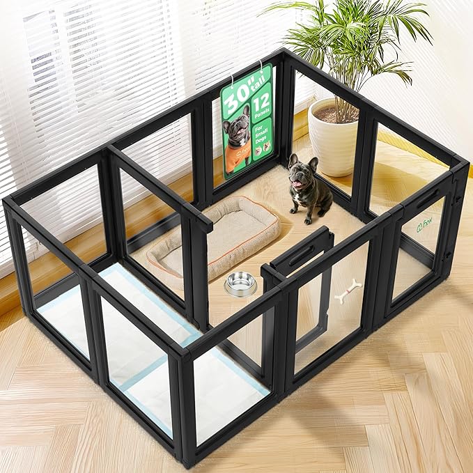 FXW AuraSpace Acrylic Indoor Unleashed Dog Playpen for Small and Medium Dogs, 30 Inch, 12 Panels, Black-PurrikoPets