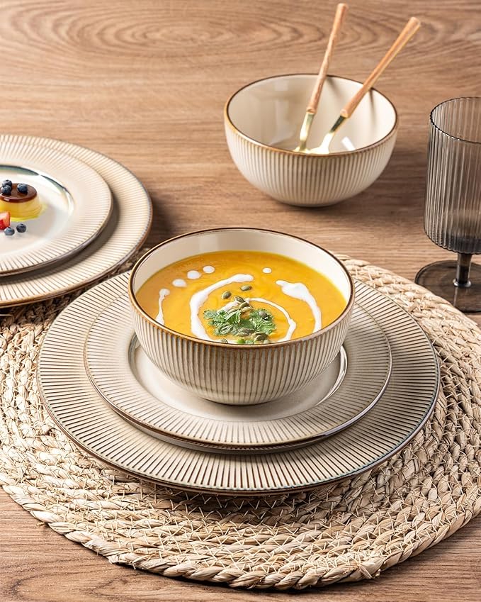 GBHOME Ceramic Dinnerware Sets,12 pcs Embossed Elegant Stoneware Plates and Bowls Sets, Housewarming Wedding Gift | Dishwasher & Microwave Safe | Dishes Set Service for 4-PurrikoPets