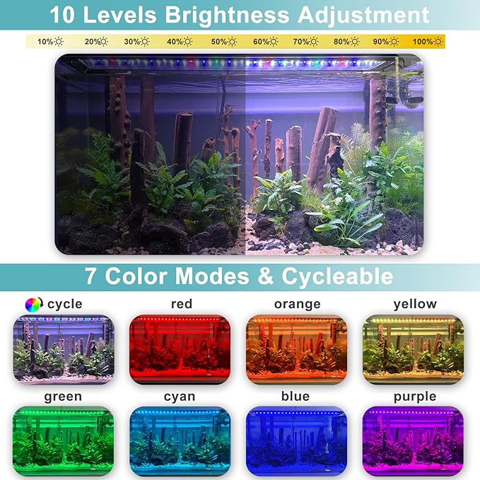 24/7 LED Aquarium Light, IP68 Waterproof Extendable Bracket Fish Tank Light with Timer, 7 Colors, 10 Level Adjustable Brightness, DIY Mode Full Spectrum Aquarium Plant Light for 48-54 Inch Fish Tank-PurrikoPets