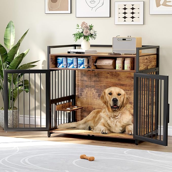 Furniture Style Dog Crate with Storage, 48 Inch Dog Crate Furniture with Double Doors, 2 Stainless Steel Bowls, Dog Crate Furniture-Style Crate for Large/Medium Dog-PurrikoPets