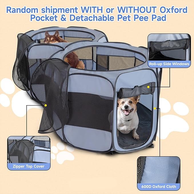 2-in-1 XLarge Pop Up Dog Playpen, Cat Puppy Pet Playpen, Indoor Outdoor Cats Enclosed, Cat Tent Crate Cage Kennel, Portable Playpen for Kitten and Small Animals(No Divider, Unified Space)-PurrikoPets