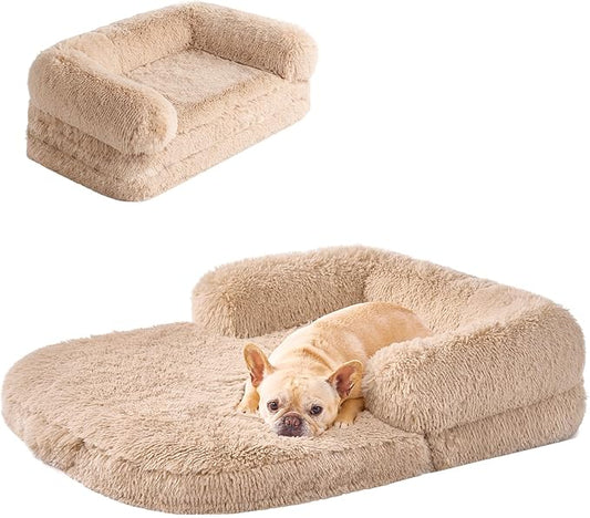 EHEYCIGA Foldable Dog Bed, Faux Fur Fluffy Dog Couch Bed, Orthopedic Calming Memory Foam Pet Bed for Small Dogs, Washable Soft Warm Pet Sofa Bed with Non-Slip Bottom, Camel, 40"x30"x6"-PurrikoPets