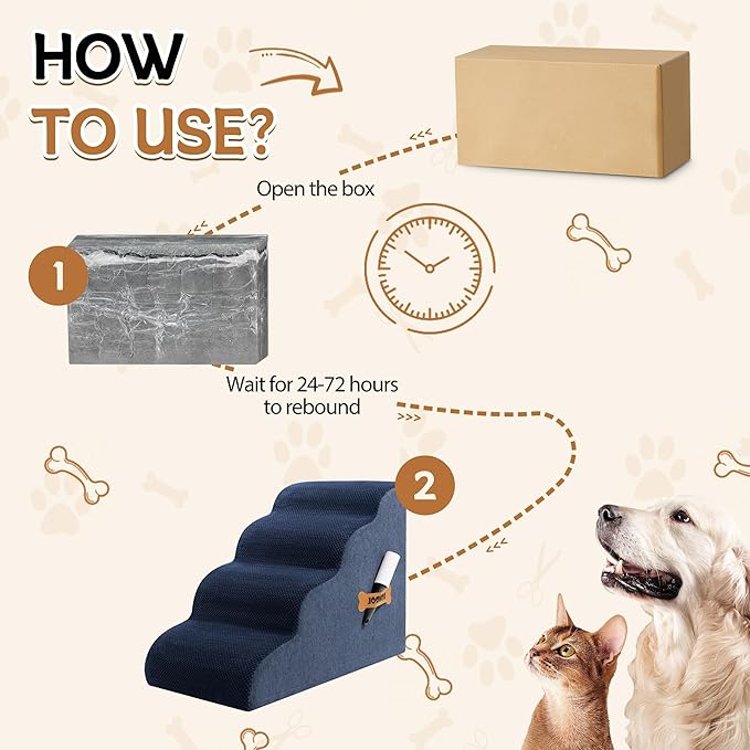 Dog Stairs, Romrol Dog Steps Ramp for High Bed and Couch, Dogs Ramp with Durable Non-Slip Waterproof Fabric Cover, Pet Stairs for Small Dogs and Cats or Pets Joints, 4-TiersNavy-PurrikoPets
