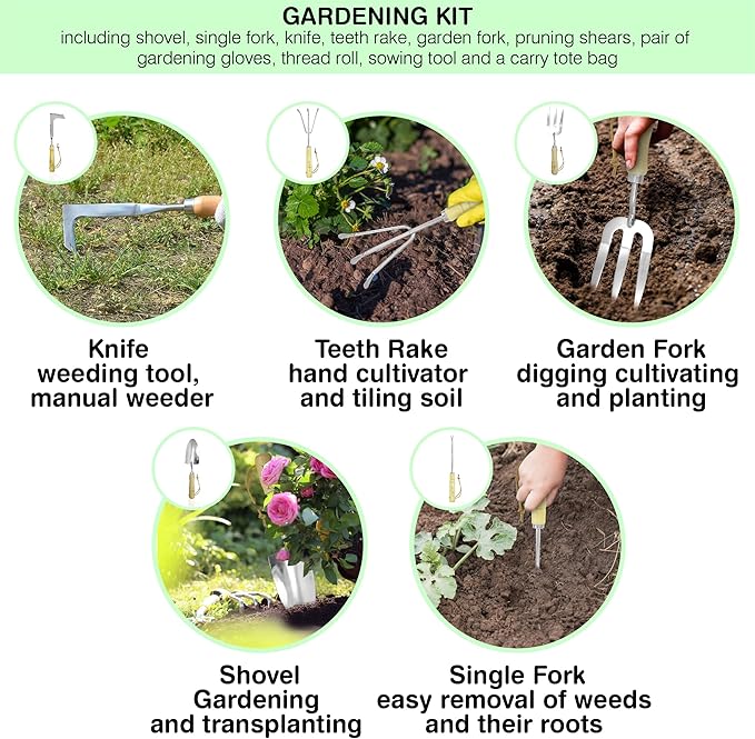 Garden Tools Set – Premium Stainless Steel Gardening Hand Tools with Solid Beechwood Handle – Gardening Kit with Rake, Shovel, Gloves, Shears, Tool Organizer – Garden Gifts for Women and Men-PurrikoPets