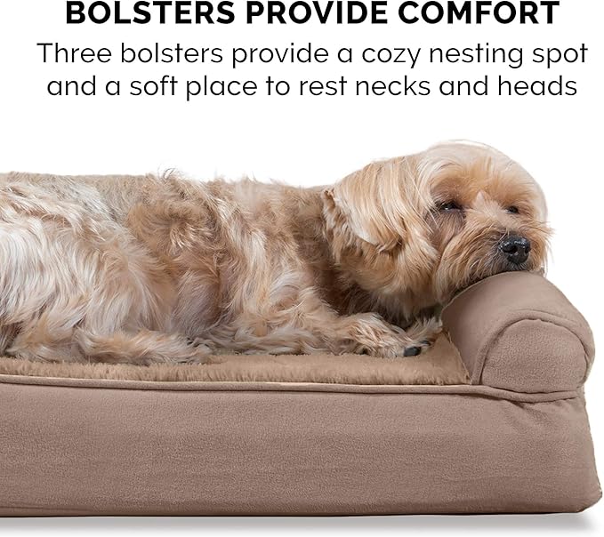 FurHaven Orthopedic Foam Sofa Dog Bed with Washable & Removable Cover - Plush/Suede - Almondine, Dogs Up to 35 lbs - Medium-PurrikoPets