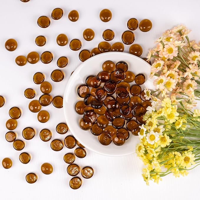 1LB Glass Marbles, Transparent and Smooth Flat Glass Beads for Vases, Mosaic Gem Pebbles for Aquarium Decor, Floral Arrangements, Mancala Stones, Vase Filler and Crafts, Brown-PurrikoPets
