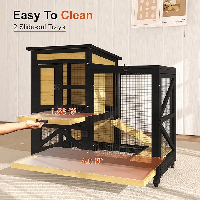 40'' Rabbit Cage Bunny Cage Indoor, Outdoor Rabbit Hutch for Small Animals, 2-Story Wooden Guinea Pig Cages with Wheels & 2 Deeper No Leak Trays, Waterproof Openable Roof & Bottom Wire Mesh-PurrikoPets