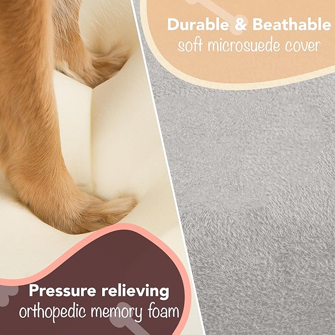 Friends Forever Large Dog Bed, Orthopedic Pet Sofa Memory Foam Mattress, Calming Dog Couch, Wall Rim Pillow, Water Resistant Liner, Washable Cover, Non-Slip Bottom, Chester, Large Grey-PurrikoPets
