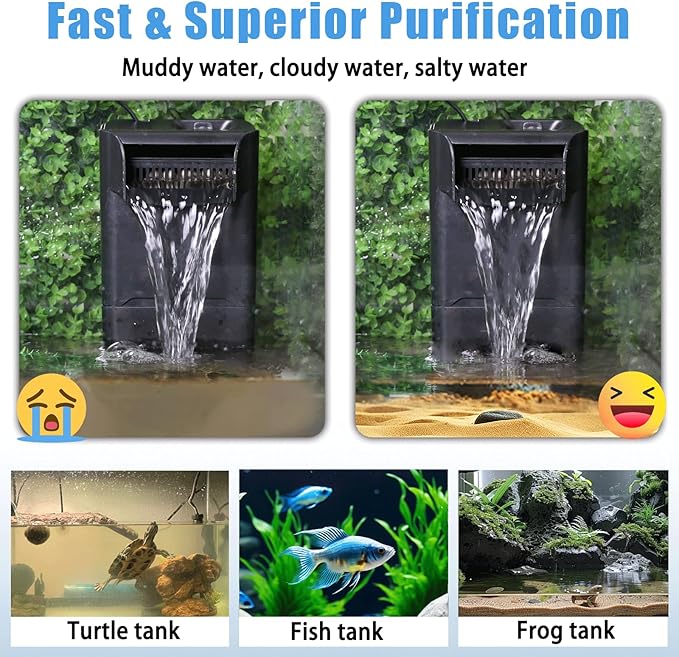 220GPH Turtle Filter for 20-45 Gal Tank, Small Turtle Filters 3-Stage Filtration for Freshwater Saltwater Cloudywater, Ultra-Quiet and Flow Adjustable for Fish Turtles Shrimps Amphibians Frogs-PurrikoPets