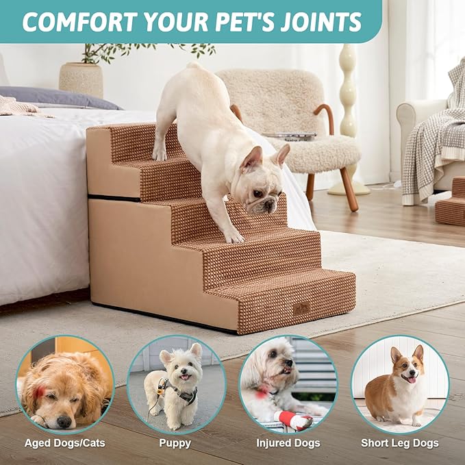 Dog Stairs for Small Dogs, 5 Tier Removable Wider Pet Stairs for Couch and Bed, 23.6" H Non-Slip Dog Steps for Puppies and Old Cats with Support Board, 29.5x19.7x23.6 inch, Light Brown-PurrikoPets