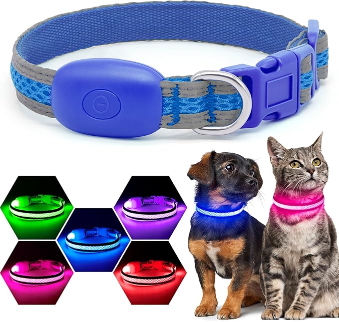 Flashseen LED Cat Collar,Light Up Dog Collar Rechargeable, Dog Lights for Night Walking, Comfortable Soft Mesh Pet Collar Adjustable for Cats Puppy and Small Dogs(Blue, XS)-PurrikoPets
