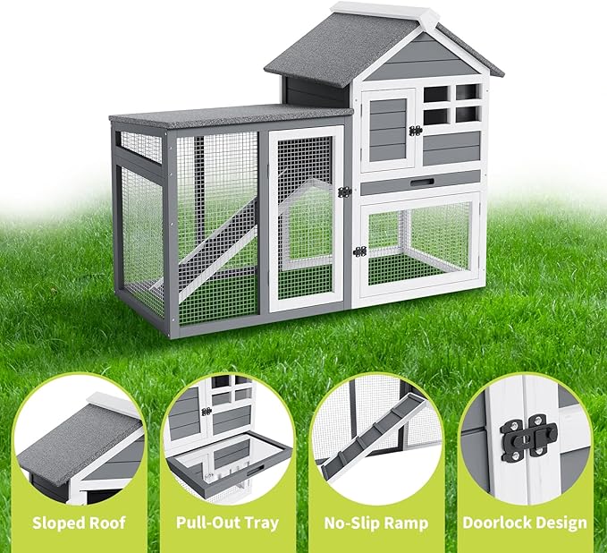 2-Tier Rabbit & Chicken House,Wooden Chicken Coop & Bunny Cage with Non-Slip Ramp, 4 Doors,Waterproof Roof & Pull-Out Tray,Outdoor/Indoor Pet Cage-PurrikoPets