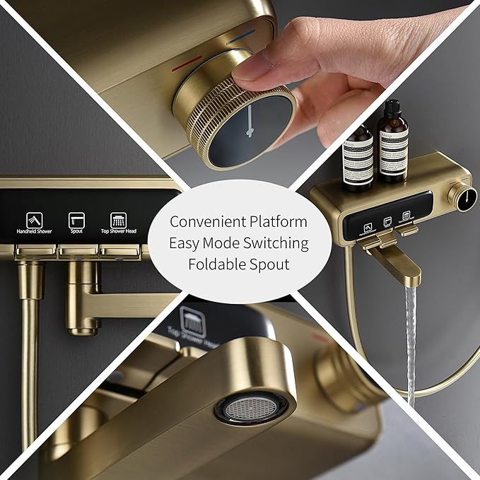 10" Square Rainfall Bathtub and Shower Trim Systems with Rotating Handheld Sprayer, Foldable Tub Spout, Wall-Mounted, Solid Brass Valve with Shampoo Platform- Brushed Gold (Square, Brushed Gold)-PurrikoPets