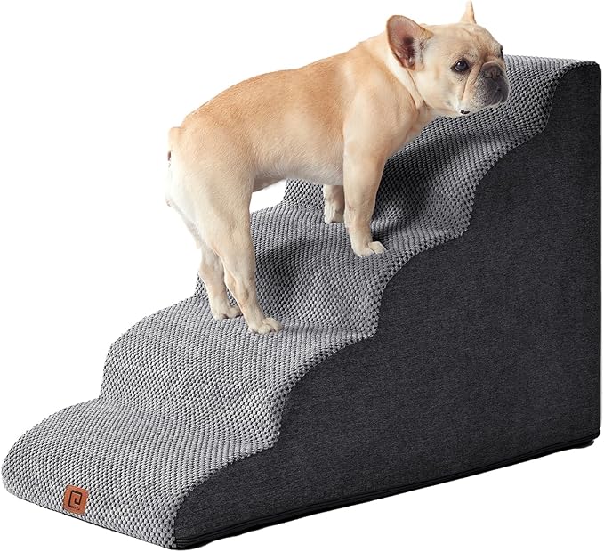 EHEYCIGA Curved Dog Stairs Ramp for High Beds 22.6" H, 5-Step Dog Steps for Small Dogs and Cats, Pet Stairs for High Bed Climbing, Non-Slip Balanced Pet Step Indoor, Grey-PurrikoPets