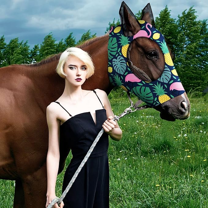 Frienda 4 Pieces Horse Fly Masks with Ears Face Covering UV Protection from Insect Pests Elasticity Smooth Comfortable Mesh Horse Mask Accessories(Fruit,Medium)-PurrikoPets