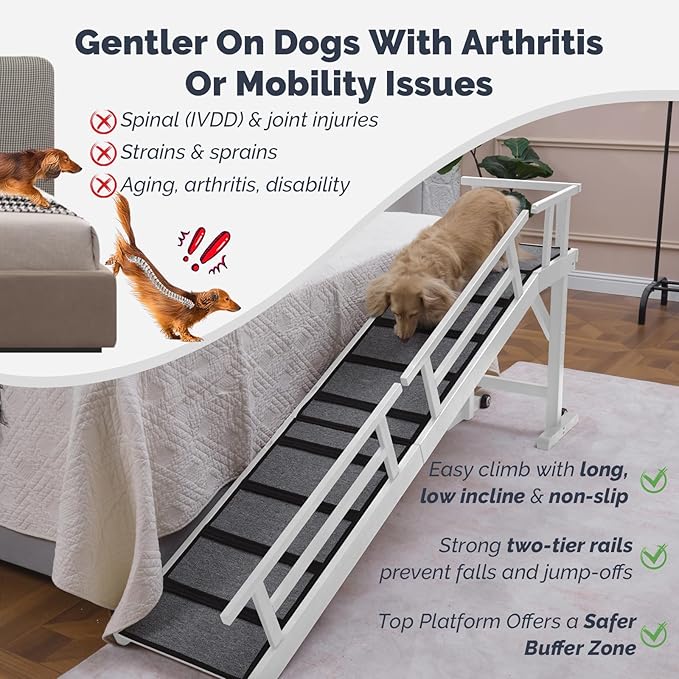 Dog Ramp for Bed or Couch, Wooden Pet Ramp with 20° Gentle Slope, Removable Side Rails, Non-Slip Surface, Top Platform & Wheels, Safe Bed Ramp for Small, Medium & Senior Dogs, 74" Long, White-PurrikoPets