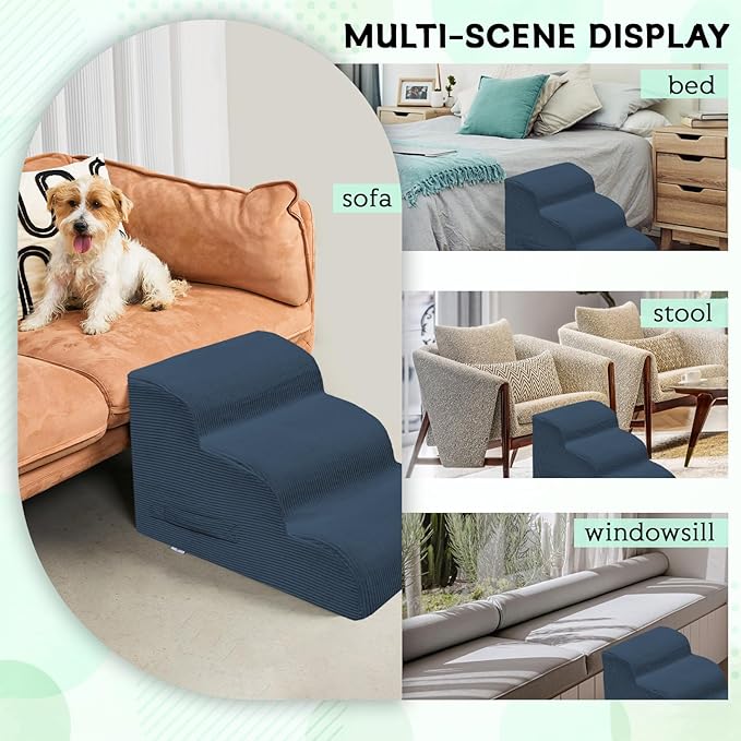 Dog Steps for Small Dogs, 4-Step Pet Ramp Stairs for High Beds and Sofa, Non-Slip Pet Stairs for Small Dogs and Cats, Removable and Easy to Clean Cover, Navy-PurrikoPets