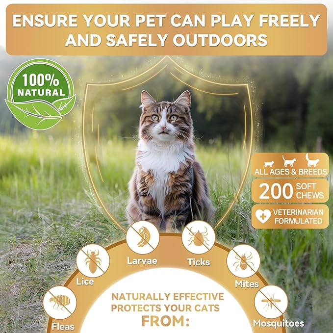 Flea and Tick Prevention for Cats, 200 Soft Chews for Fleas Treatment for Cats, Natural Cat Oral Flea Chewables Support Supplement, Flea and Tick Chews for All Breeds & Sizes-PurrikoPets