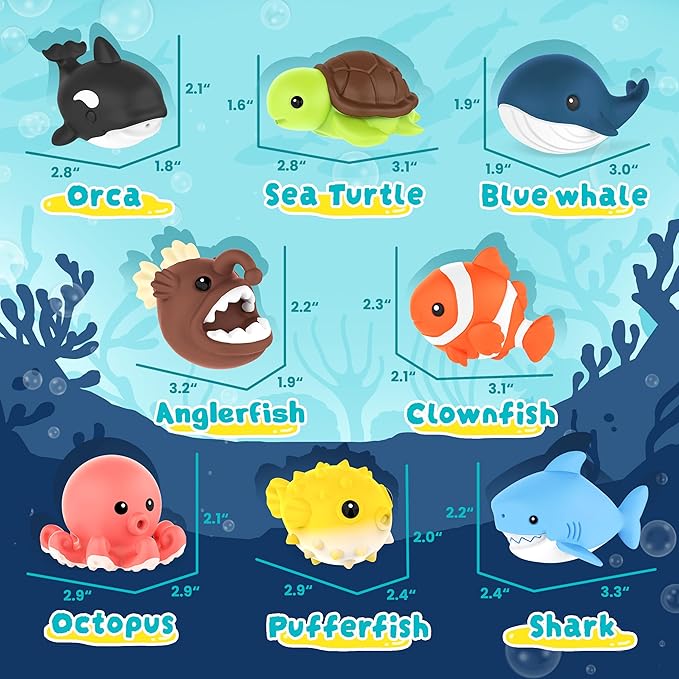 8 PCS Ocean Animal Bath Toys Mold Free Infant Bath Tub Toys for 12 Months - No Hole Bathtub Toys for Toddlers 1-3 Water Pool Toys for Baby Toddler Ages 1+-PurrikoPets